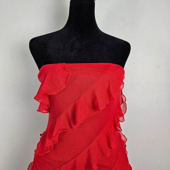 Womens Med Strapless Red Ruffle Midi Cocktail Dress Party Christmas Valentines - Picture 7 of 12